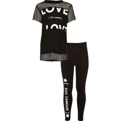 Girls black love T-shirt and leggings set